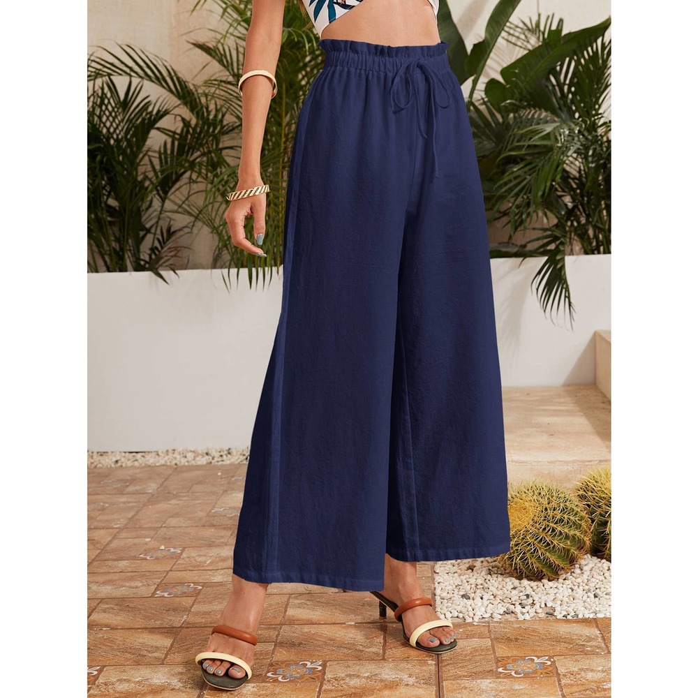 High waisted Frilled Waist Solid Wide Leg Pants green - Picture 5 of 13